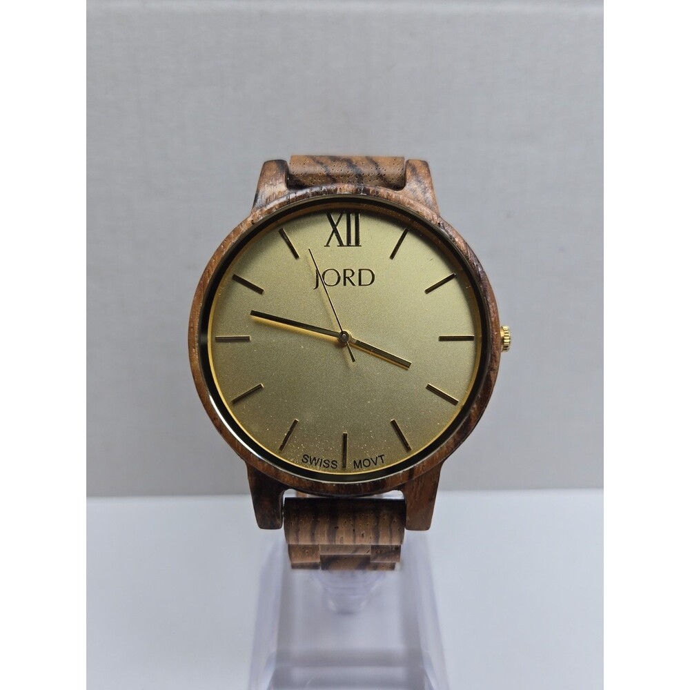 Mens Jord Frankie 45mm Zebrawood Champagne Swiss Quartz Watch New Battery